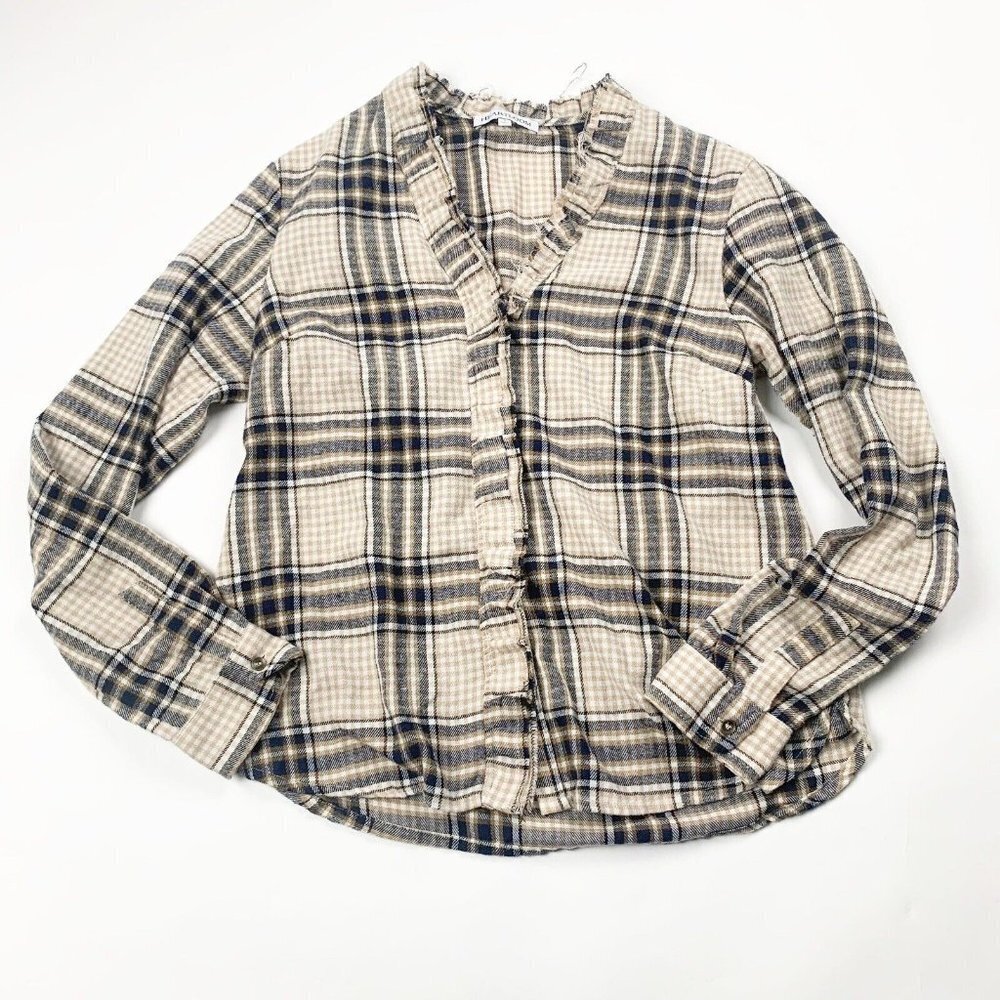HEARTLOOM Womens Blouse Beige Navy Blue Black Small Plaid Flannel Long Sleeve